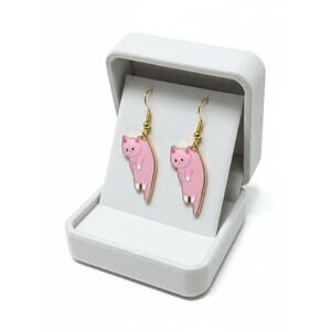 Pink Cat Dangle Earrings Gold Tone Enamel Cute Kawaii Handmade
